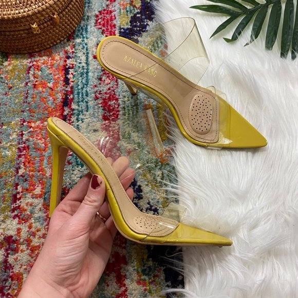 Azaela Wang Shoes - Azaela Wang Yellow Pointed Toe Double Clear Strap Stiletto Heels Size 7